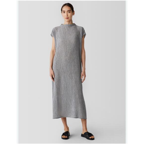 Eileen Fisher Gray Woven Plisse Funnel Neck Midi Dress Sz Petite M - Picture 1 of 8